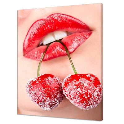 Woman's Mouth Red Lips With Red Cherries Covered With Sugar Modern Canvas Print - Image 1 of 4