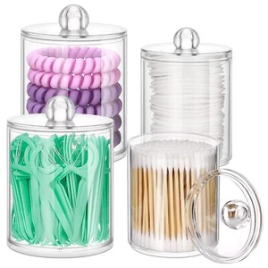 4 Pack Clear Acrylic Apothecary Jars Qtip Holders with Lid for Bathroom Vanity - Picture 1 of 9