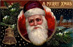 POSTCARD MERRY CHRISTMAS SANTA CLAUS BELL & BOWS - Picture 1 of 2