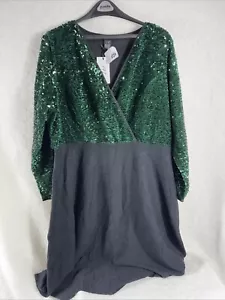 Talla 2X Vestido Midi Terciopelo Medianoche Tejido Negro Lentejuelas Verde Línea A Cóctel Fiesta - Imagen 1 de 10