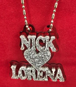 Double Name Necklace Couple Any Name Plate 2 Names Heart Laser Cut Diamond Look - Picture 1 of 12