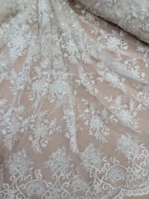 Fabric Sold By The Yard Off White Floral Flowers Beaded  Bridal Lace Embroidery  - Image 1 of 4