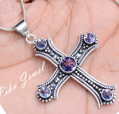 Faceted Amethyst Gemstone Cross 925 Sterling Silver Pendant Religious Jewelry - Image 1 of 4