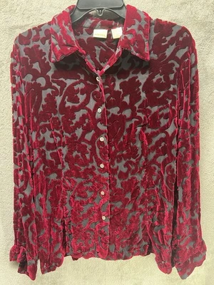 Vtg Y2K Merona Women’s L Top Button Up Velvet Burnout Red Silk Blouse Whimsigoth - Image 1 of 4