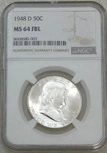 1948 D Franklin Half Dollar NGC MS64FBL Full Bell Lines Frosty Just Graded U237H - Picture 1 of 3