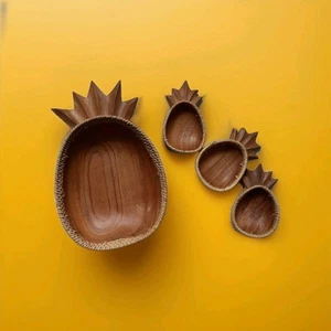 Kamoni Wood MCM Wicker Pineapple Serving Bowl Tiki Party Decor 3 Side Bowls Vtg - Picture 1 of 5