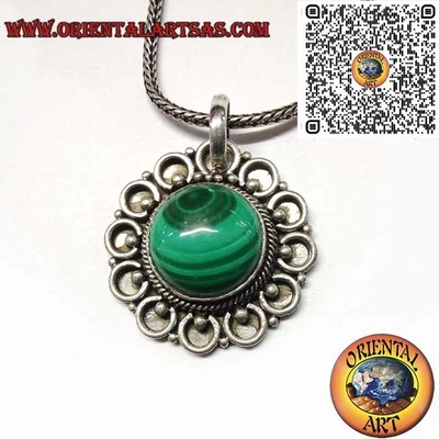 Ciondolo in argento  925 con Malachite Naturale Tonda contornata da cerchi - Immagine 1 di 4