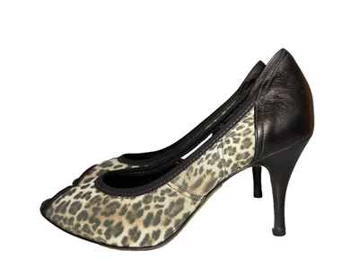 Donald Pliner Zorba Peep Toe Leopard Print Chocolate Brown Leather Pumps Heels 8 - Image 1 of 4