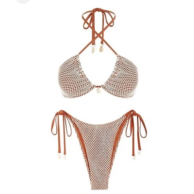 Conjunto de traje de baño de bikini Zaful S naranja blanco ganchillo red concha corbata halter cuerda Foto 1 de 4
