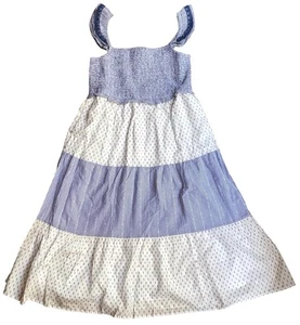 J Crew Smocked Clip Dot Midi Sun Dress Woman's Large Blue/White Flare Sleeveless - Picture 1 of 9