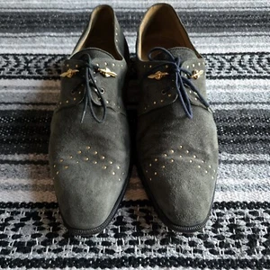 Vtg Made in Italy Fratelli Sz 9.5 Suede Oxford Shoes Gray w/Gold Studs Daggers - Picture 1 of 13
