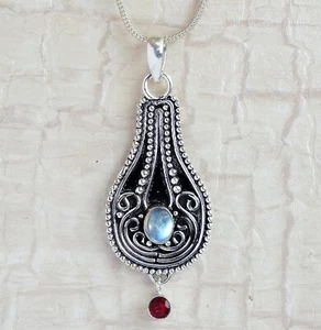 labradorite & Garnet Gemstone 925Sterling Silver Two Stone Pendant Chain AP-248 - Picture 1 of 6