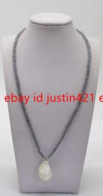 Collar colgante de perlas barrocas blancas de 15-20 mm con piedras preciosas de ópalo ojo de gato de 4 mm de 20 pulgadas Foto 1 de 4