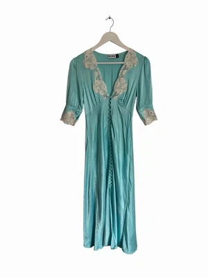 Rixo Midi Dress Simone Lace Trim Satin RRP £255 Size UK 6 XXS Sleeves Blue Cream - image 1 of 4