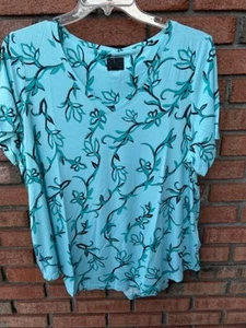 New $29.50 Tags NWT JM COLLECTION Teal Floral Silky Stretch V Neck Top 2X 3X - Picture 1 of 4