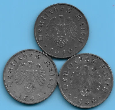 Lote de monedas de águila esvástica de 10 rpf del Tercer Reich alemán 1940 1942 Segunda Guerra Mundial #70 Foto 1 de 2