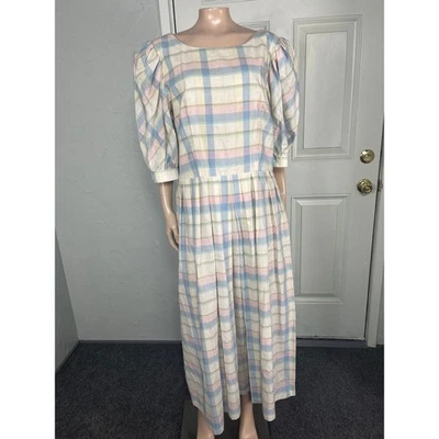 Vestido de festa feminino vintage anos 70 Lanz mistura de algodão xadrez originais R3-20 - Imagem 1 de 4