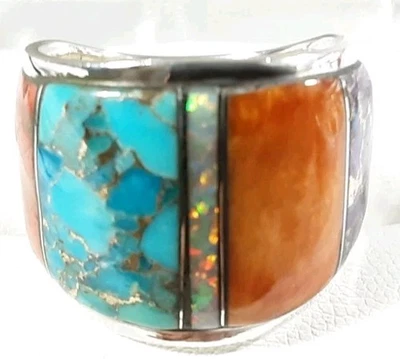 925 STERLING STURDY CIGAR BAND TURQUOISE SPINY CORAL OPAL SIZE 13 RING 10.9g - Image 1 of 4