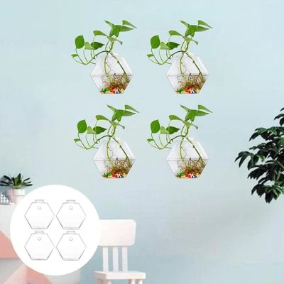 4Pcs Clear Geometric Glass Vase Wall Hanging Hydroponic Terrarium Home Decor - Image 1 of 4