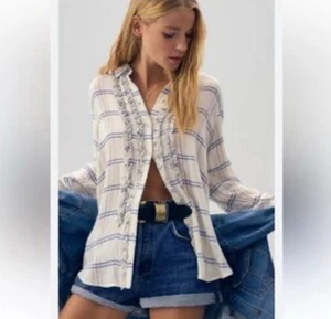Anthropologie Large Pilcro Ruffle Button Down Plaid Flannel  - Picture 1 of 4