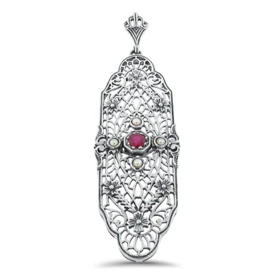 GENUINE RUBY PEARL 925 STERLING SILVER DECO ANTIQUE STYLE FILIGREE PENDANT  016X - Image 1 of 2