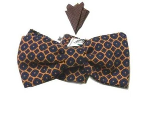 Nœud Papillon Laine Homme Orange Avec Motifs Bleu Rétro Style & Ensemble - Picture 1 of 6