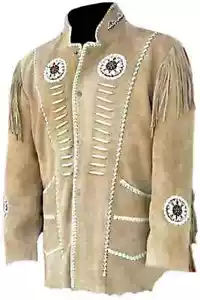 Men Western Cowboy Suede Fringe Jacket Beaded Native American Leather Jacket - Picture 1 of 5