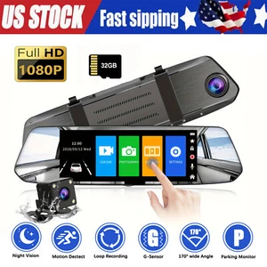 1080P HD Touch Screen Rearview Mirror Car DVR Dual Lens Dash Cam w/ 32GB SD Card - Bild 1 von 7