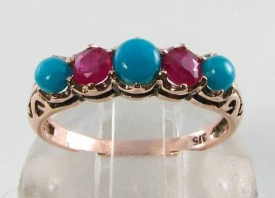 9CT 9K ROSE GOLD TURQUOISE RUBY ART DECO INS ETERNITY BAND RING FREE RESIZE - Image 1 of 4