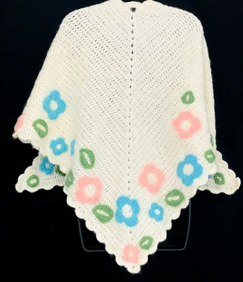Vintage white floral shawl pink turquoise triangle soft formal wedding wrap boho - Image 1 of 3