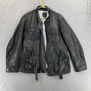 GAP Genuine Leather Jacket Men's Medium Solid Black Belted Motorcycle - READ - Picture 1 of 23