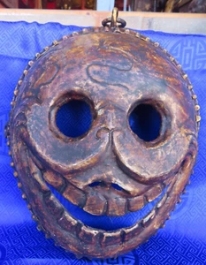 Antike handgefertigte tantrikische tibetische buddhistische Eisen Schädel Maske Wandbehang, Nepal - Bild 1 von 8