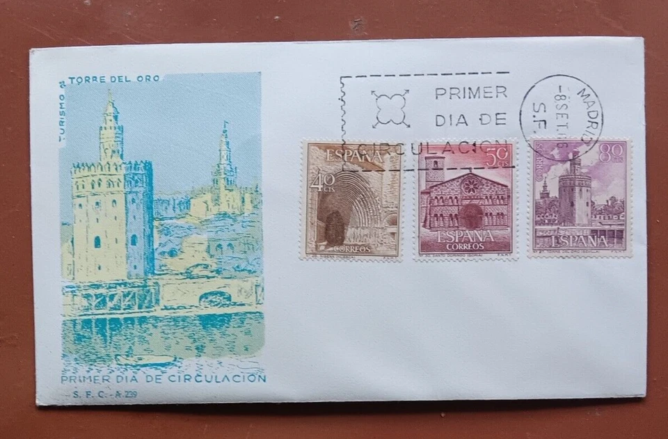 1966 Spain ARCHITECTURE SET S.F.C. TOURISM GOLD TOWER CACHET FDC UNADDR - Image 1 of 1