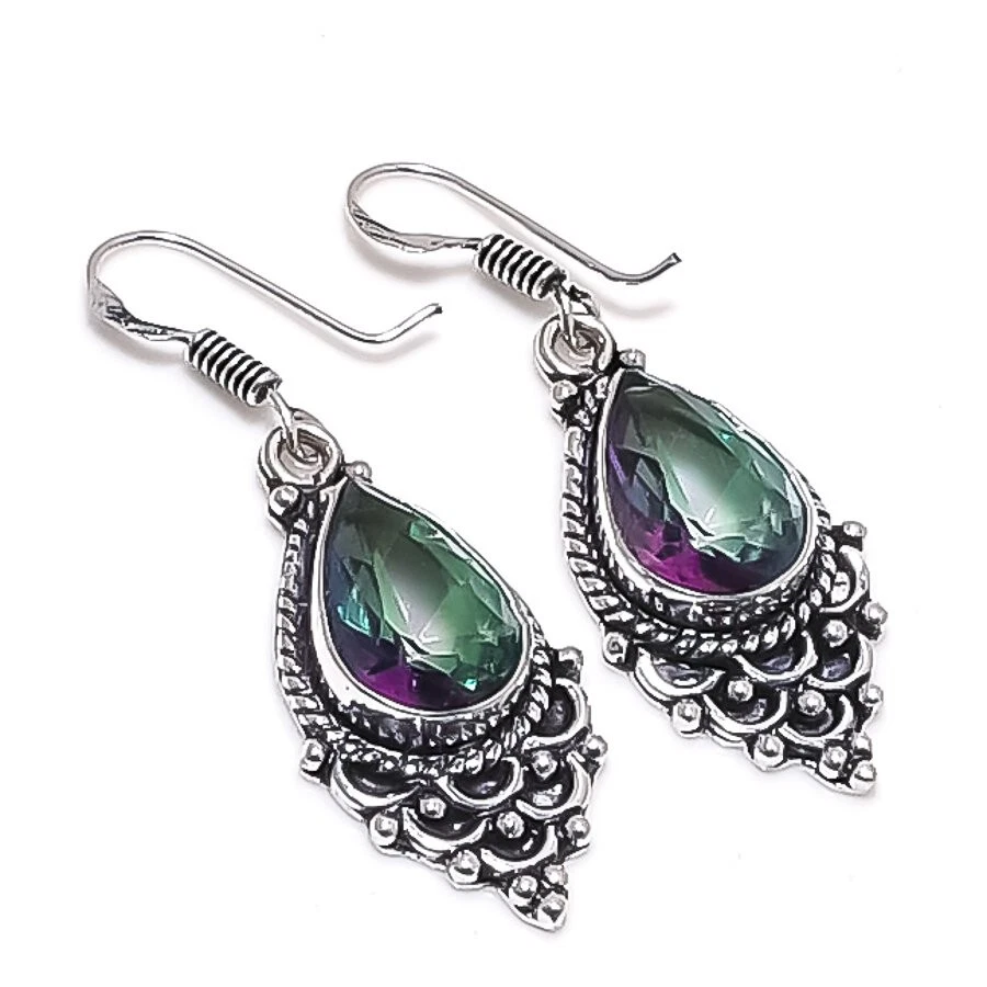 Mystic Topaz Gemstone Handmade 925 Sterling Silver Jewelry Earring Size 1.6" - Image 1 of 1