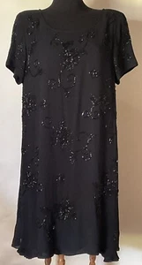 Vintage Liz Claiborne Night Black Beaded Swing Sequin Dress Mid Length Size 16 - Picture 1 of 14