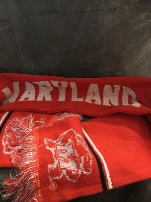 "Bufanda tejida de invierno de la Universidad de Maryland roja, negra y plateada con flecos 62""x7""" Foto 1 de 4