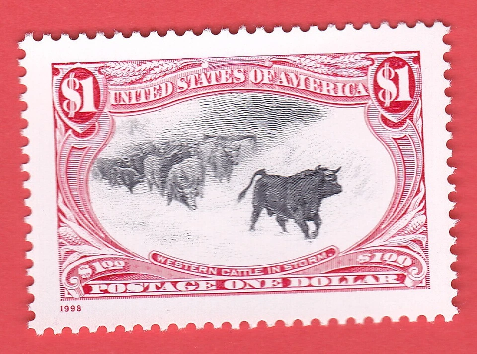 1998 WESTERN CATTLE IN STORM STAMP $1 BI-COLOR RE-ISSUE OF 1898 DESIGNS COW MNH - Image 1 of 1