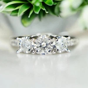 10k White Gold Natural Round Diamond Three Stone Engagement Ring - Picture 1 of 7