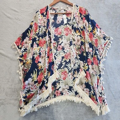 Charming Charlie Navy Floral Fringe Kimono One Size NEW Boho Bloomcore Festival - Image 1 of 4