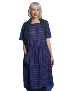 Gudrun Sjoden Dress Blue Purple Striped Pockets Size L Lagenlook Oversized - Picture 1 of 10