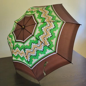Vintage Umbrella Abstract Floral Pattern Brown Green Curved Wooden Cane Handle - Picture 1 of 18