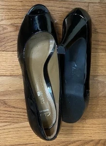 Clarks Artisan Peep Toe Patent Leather Platform Heels Pump Women Size 9.5M Black - Picture 1 of 4