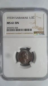 Sarawak Malaysia 1/2 Cent, 1933 H, NGC MS 61 BN - Picture 1 of 4