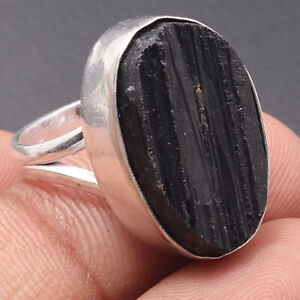 Sterling Silve Plated  Black Tourmaline Gemstone Ring US 7 Jewelry F11483