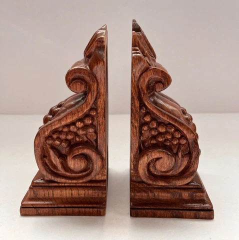 VTG Pair Hand Carved Solid Wood Wall Brackets Corbels Bookends, Ornate Decor Cover