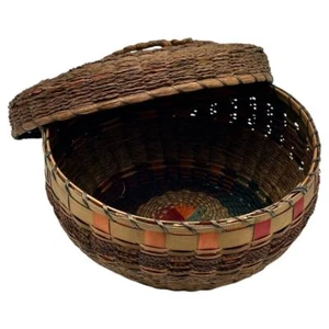 Vtg Native American 10" Sewing Basket Passamaquoddy Sweetgrass Woven Colorful - Picture 1 of 11
