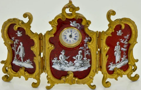 Rare Antique Screen Clock Chinese Qing Dynasty Gilt Bronze Enamel Miniature Cover