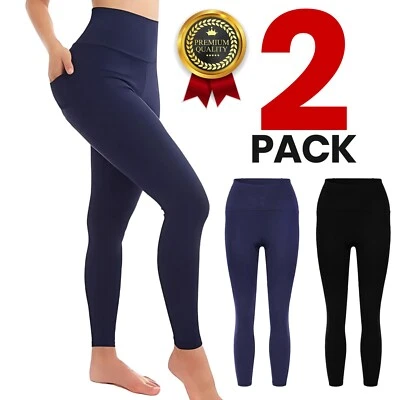 2 Pack Womens High Waist Gym Leggings Pocket Fitness Sports Yoga Trousers Pants - Image 1 of 4