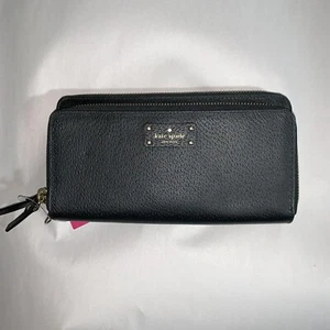 NWT auth KATE SPADE NEW YORK double zip blacl leather CLUTCH wallet $298 - Picture 1 of 8