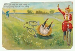 um 1910 Dame Radfahrer Neuheit Postkarte mit beweglichen Beinen weiblich Radfahren - Bild 1 von 2